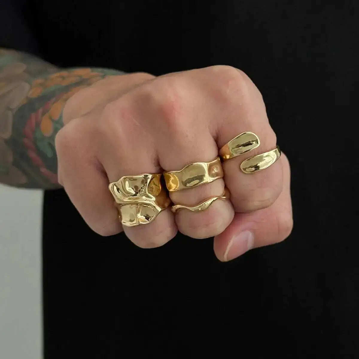 Ingemark 4Pcs/Set Punk Vintage Irregular Geometric Open Rings Creative Adjustable Chunky Metal Finger Ring Statement New Jewelry